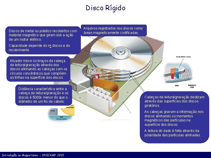 Disco Rígido Discos de metal ou plástico recobertos com material magnético que giram sob