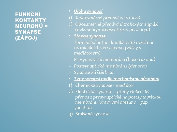 FUNKČNÍ KONTAKTY NEURONŮ = SYNAPSE (ZÁPOJ) • Úloha synapsí 1) Jednosměrné předávání vzruchů 2)