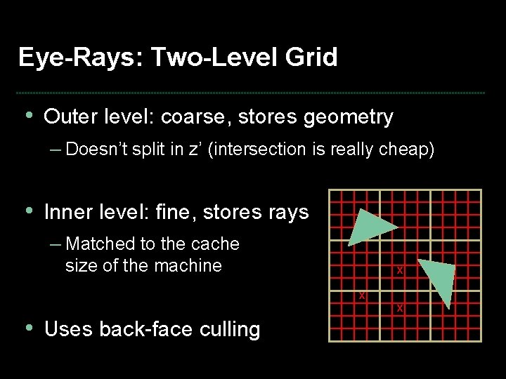 Eye-Rays: Two-Level Grid • Outer level: coarse, stores geometry – Doesn’t split in z’