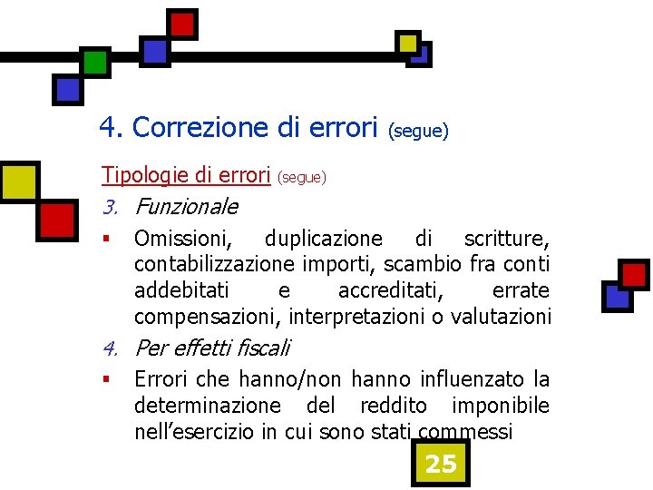 4. Correzione di errori Tipologie di errori (segue) 3. Funzionale § Omissioni, duplicazione di