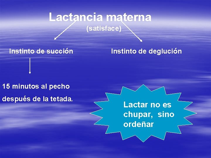 Lactancia materna (satisface) Instinto de succión Instinto de deglución 15 minutos al pecho después