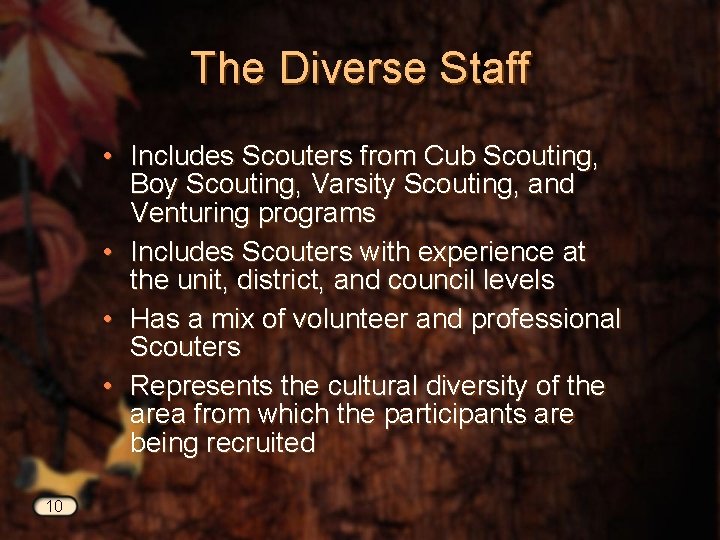 The Diverse Staff • Includes Scouters from Cub Scouting, Boy Scouting, Varsity Scouting, and