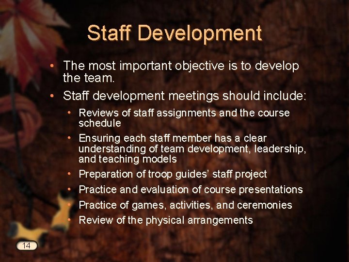 Staff Development • The most important objective is to develop the team. • Staff