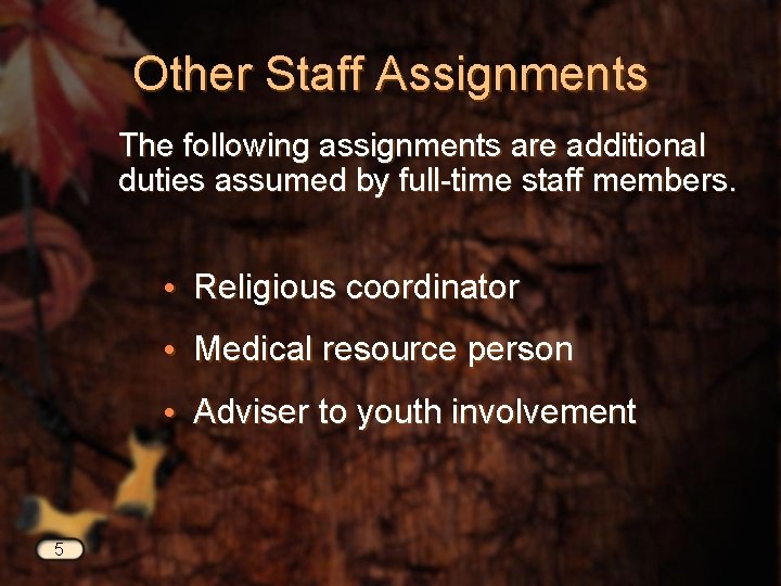 Other Staff Assignments The following assignments are additional duties assumed by full-time staff members.