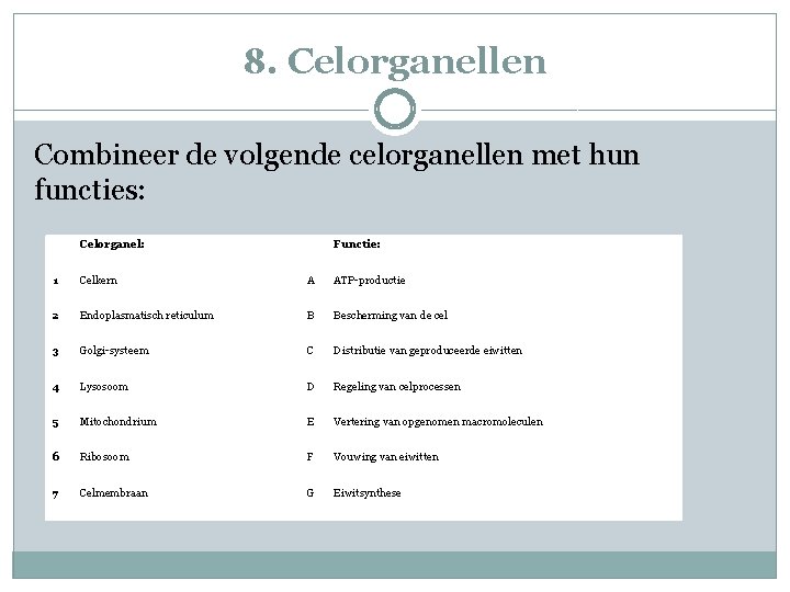 8. Celorganellen Combineer de volgende celorganellen met hun functies: Celorganel: Functie: 1 Celkern A