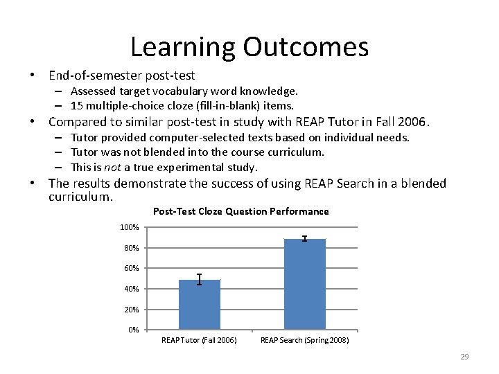 Learning Outcomes • End-of-semester post-test – Assessed target vocabulary word knowledge. – 15 multiple-choice