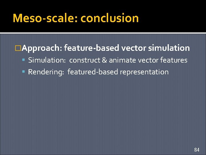 Meso-scale: conclusion �Approach: feature-based vector simulation Simulation: construct & animate vector features Rendering: featured-based