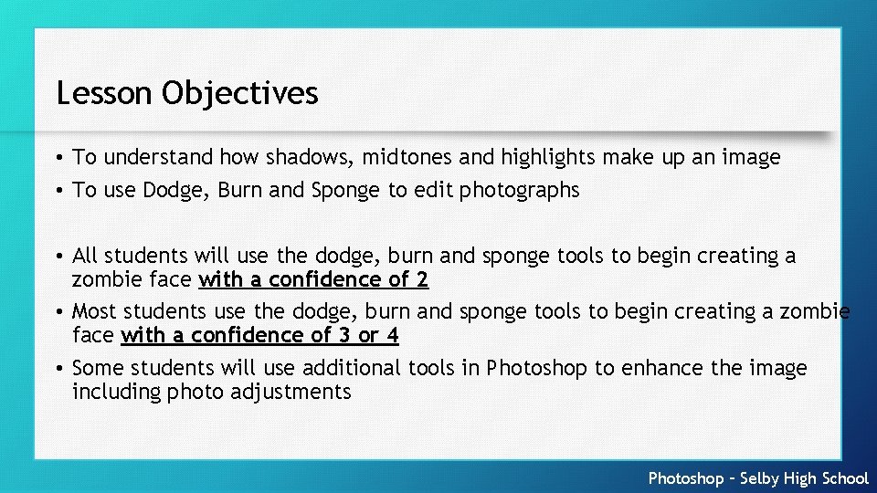 Lesson Objectives • To understand how shadows, midtones and highlights make up an image