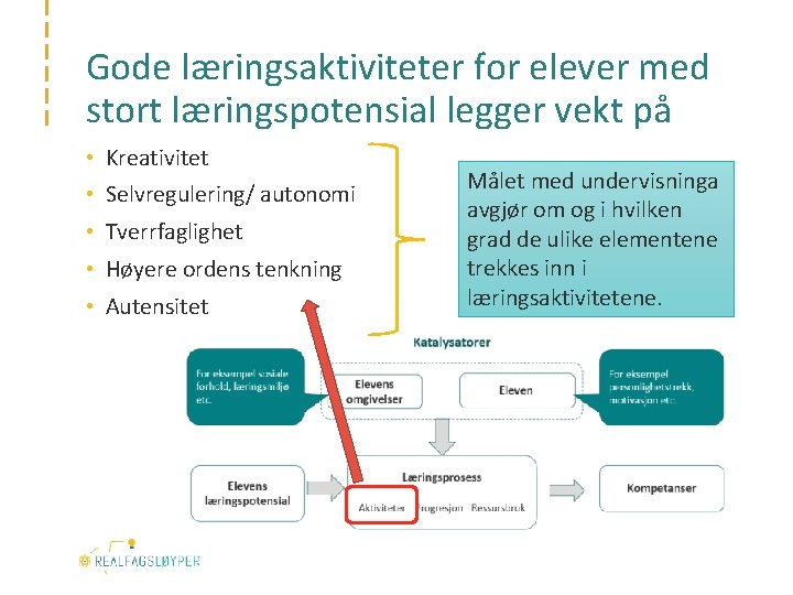 Gode læringsaktiviteter for elever med stort læringspotensial legger vekt på • Kreativitet • Selvregulering/