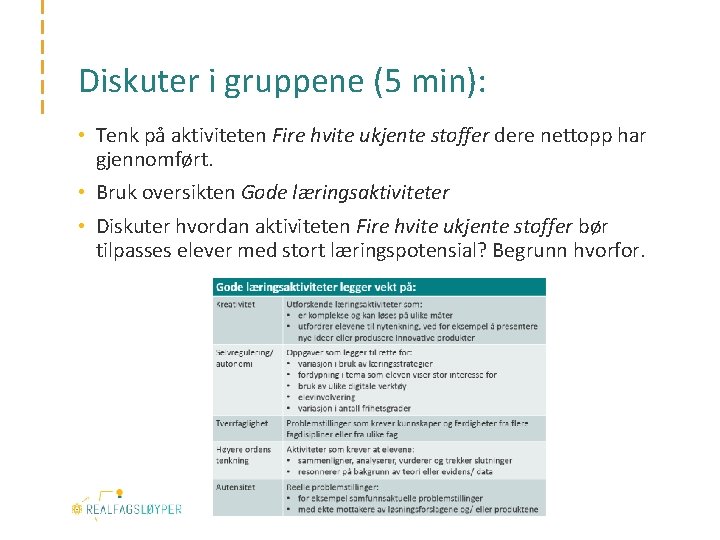 Diskuter i gruppene (5 min): • Tenk på aktiviteten Fire hvite ukjente stoffer dere