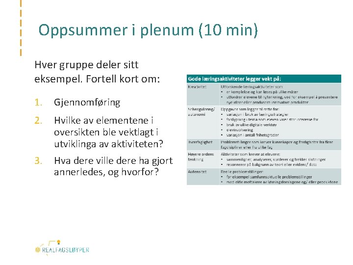 Oppsummer i plenum (10 min) Hver gruppe deler sitt eksempel. Fortell kort om: 1.