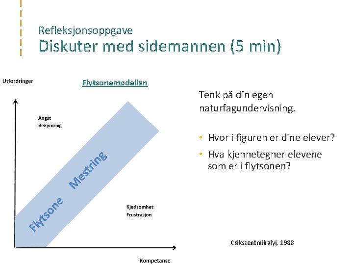 Refleksjonsoppgave Diskuter med sidemannen (5 min) Flytsonemodellen Tenk på din egen naturfagundervisning. • Hvor