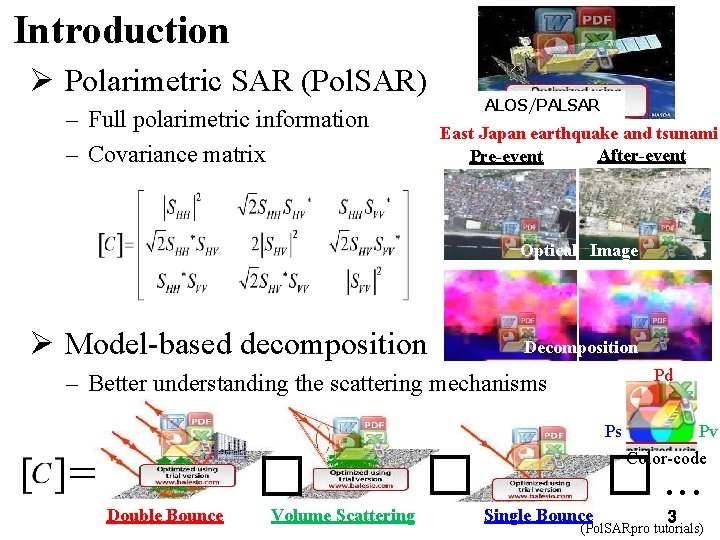 Introduction Ø Polarimetric SAR (Pol. SAR) – Full polarimetric information – Covariance matrix ALOS/PALSAR