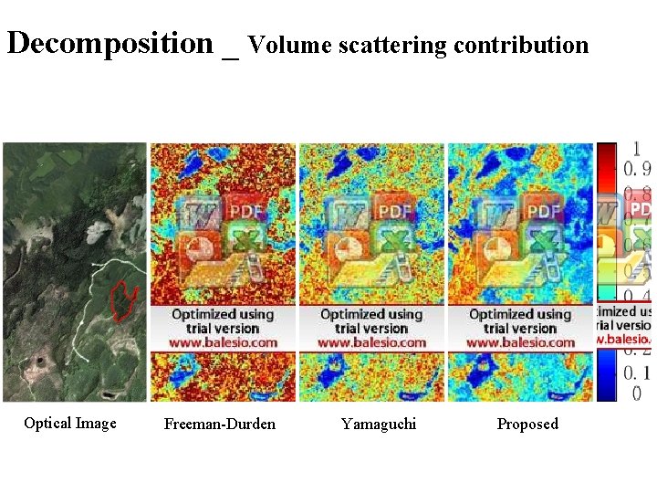 Decomposition _ Volume scattering contribution Optical Image Freeman-Durden Yamaguchi Proposed 