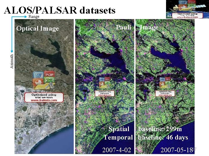 ALOS/PALSAR datasets ALOS/PALSAR Range Pauli Image Azimuth Optical Image Spatial baseline: 299 m Temporal