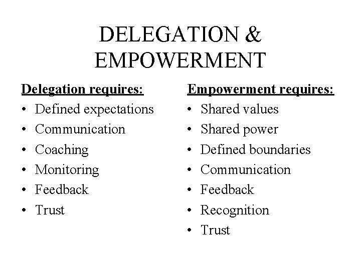 DELEGATION & EMPOWERMENT Delegation requires: • Defined expectations • Communication • Coaching • Monitoring