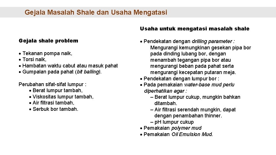 Gejala Masalah Shale dan Usaha Mengatasi Usaha untuk mengatasi masalah shale Gejala shale problem