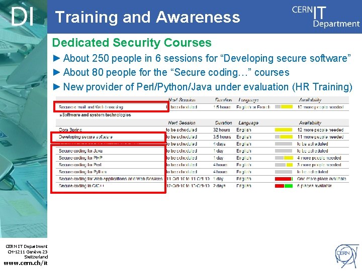 Training and Awareness Dedicated Security Courses ► About 250 people in 6 sessions for