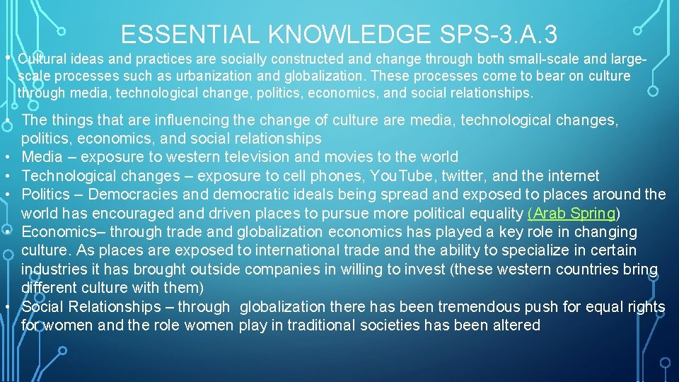  • ESSENTIAL KNOWLEDGE SPS-3. A. 3 Cultural ideas and practices are socially constructed