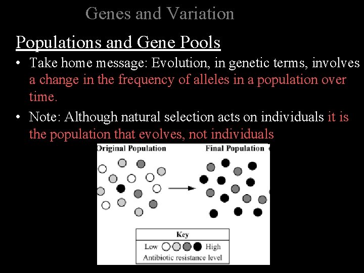 Genes and Variation Populations and Gene Pools • Take home message: Evolution, in genetic