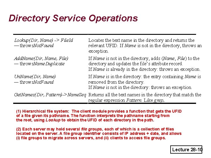 Directory Service Operations Lookup(Dir, Name) -> File. Id — throws. Not. Found Locates the