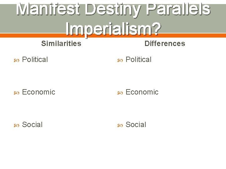 Manifest Destiny Parallels Imperialism? Similarities Differences Political Economic Social 