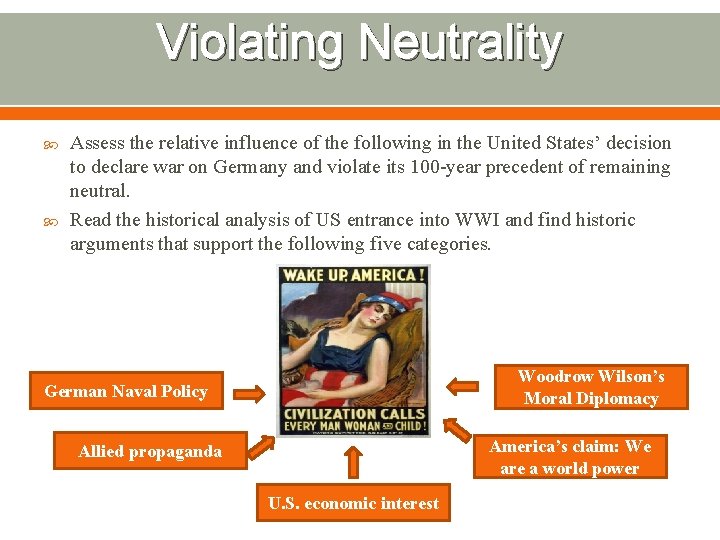 Violating Neutrality Assess the relative influence of the following in the United States’ decision