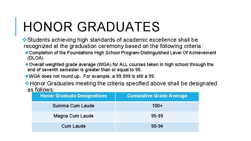 HONOR GRADUATES v. Students achieving high standards of academic excellence shall be recognized at