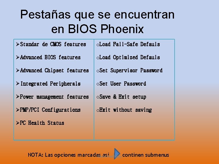 Pestañas que se encuentran en BIOS Phoenix ØStandar de CMOS features o. Load Fall-Safe