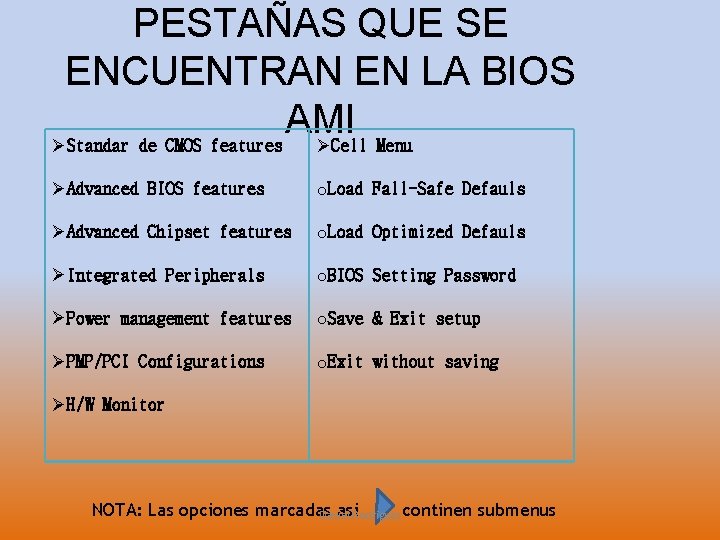 PESTAÑAS QUE SE ENCUENTRAN EN LA BIOS AMI ØStandar de CMOS features ØCell Menu