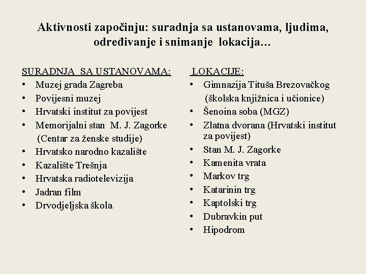 Aktivnosti započinju: suradnja sa ustanovama, ljudima, određivanje i snimanje lokacija… SURADNJA SA USTANOVAMA: •