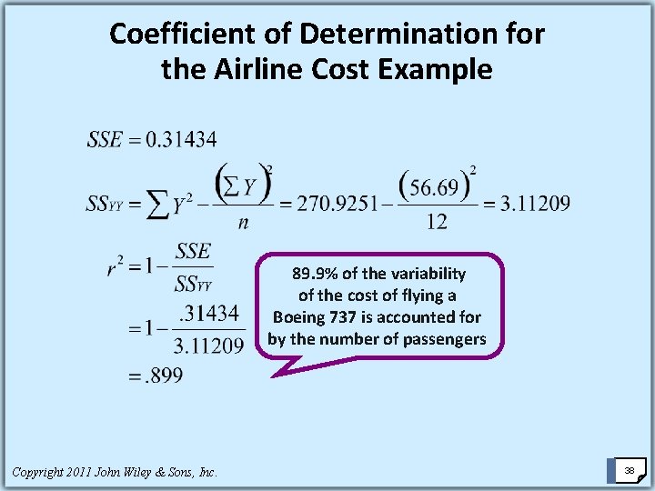 Coefficient of Determination for the Airline Cost Example 89. 9% of the variability of