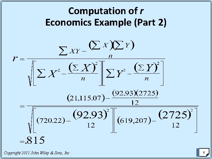 Computation of r Economics Example (Part 2) Copyright 2011 John Wiley & Sons, Inc.