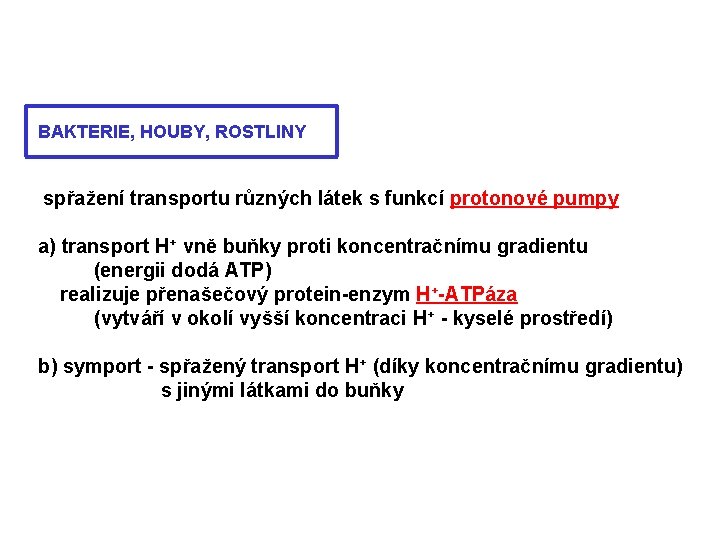 BAKTERIE, HOUBY, ROSTLINY spřažení transportu různých látek s funkcí protonové pumpy a) transport H+