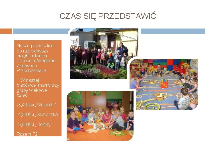 CZAS SIĘ PRZEDSTAWIĆ Nasze przedszkole po raz pierwszy wzięło udział w projekcie Akademii Zdrowego