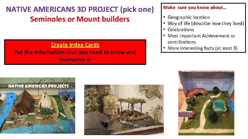 NATIVE AMERICANS 3 D PROJECT (pick one) Seminoles or Mount builders Create index Cards