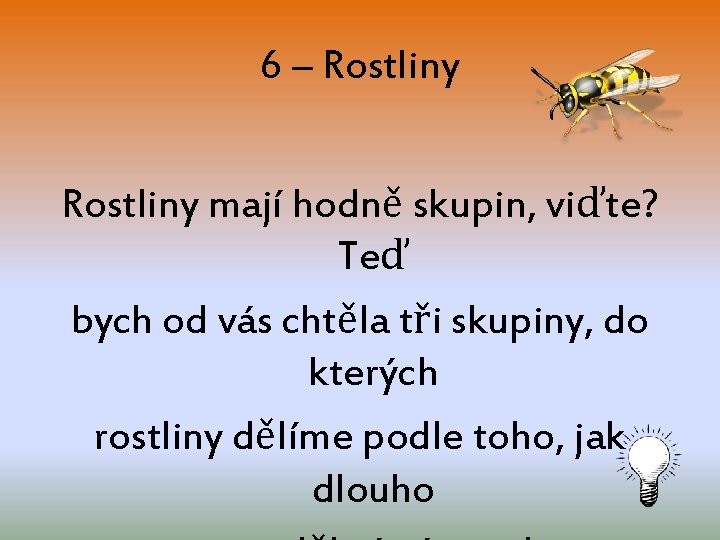 6 – Rostliny mají hodně skupin, viďte? Teď bych od vás chtěla tři skupiny,