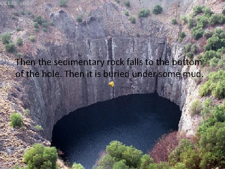 Then the sedimentary rock falls to the bottom of the hole. Then it is