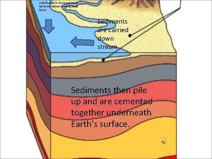 Stratification is where sediments fall to the bottom forming strata layers. Sediments are carried