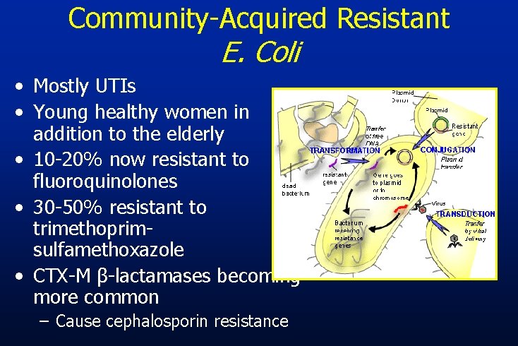 Community-Acquired Resistant E. Coli • Mostly UTIs • Young healthy women in addition to