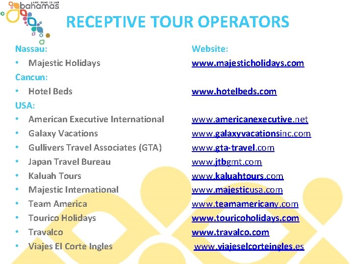 RECEPTIVE TOUR OPERATORS Nassau: • Majestic Holidays Cancun: • Hotel Beds USA: • American
