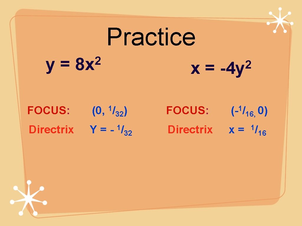 Practice y= 2 8 x x= 2 -4 y FOCUS: (0, 1/32) FOCUS: (-1/16,