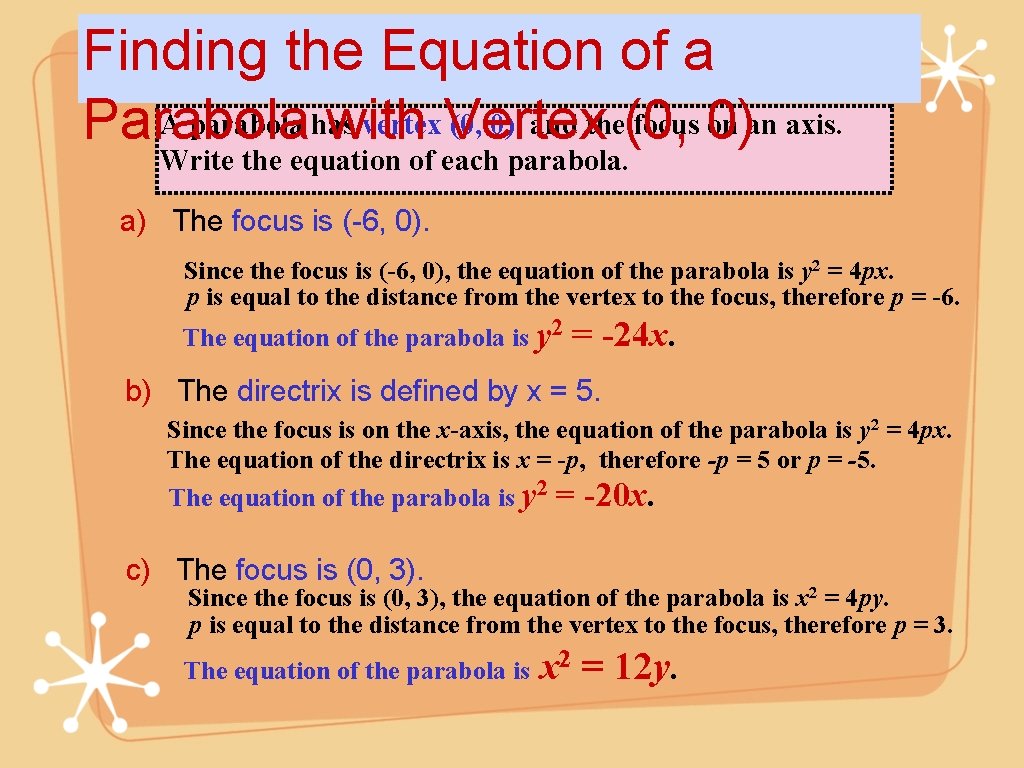 Finding the Equation of a A parabola has vertex. Vertex (0, 0) and the(0,
