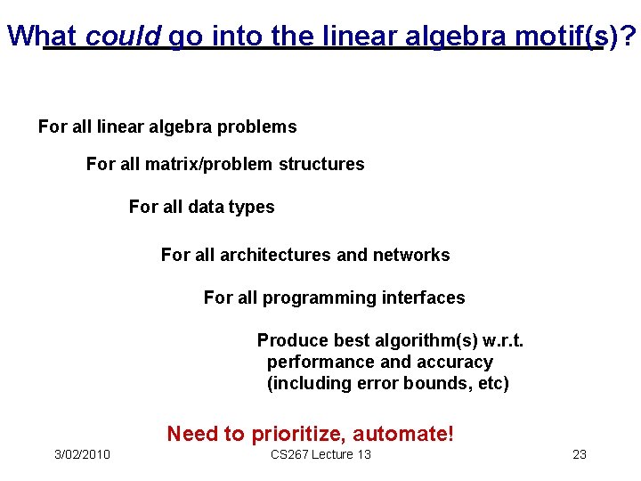 What could go into the linear algebra motif(s)? For all linear algebra problems For