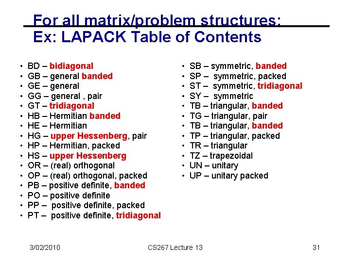 For all matrix/problem structures: Ex: LAPACK Table of Contents • • • • BD