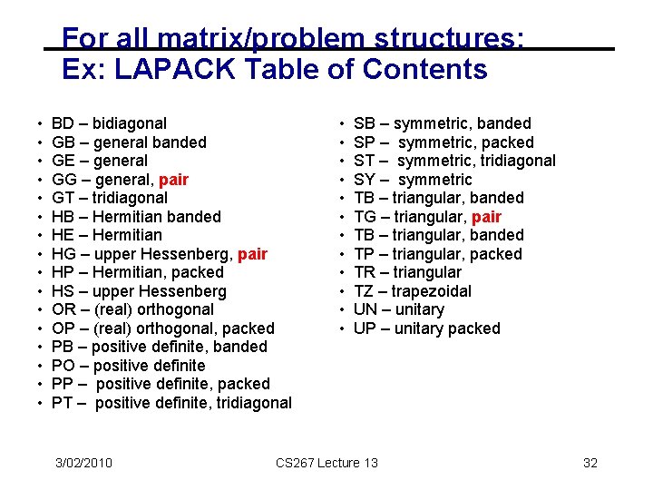 For all matrix/problem structures: Ex: LAPACK Table of Contents • • • • BD