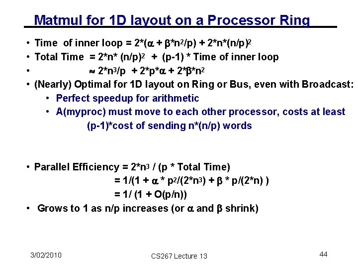 Matmul for 1 D layout on a Processor Ring • • Time of inner