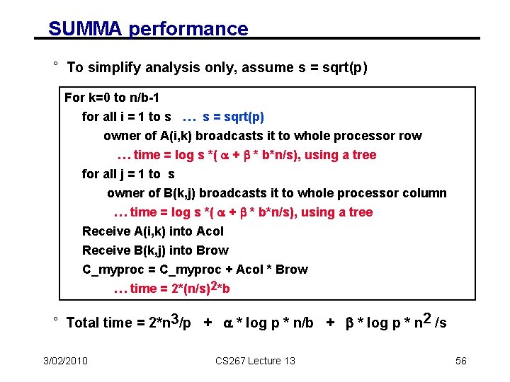SUMMA performance ° To simplify analysis only, assume s = sqrt(p) For k=0 to