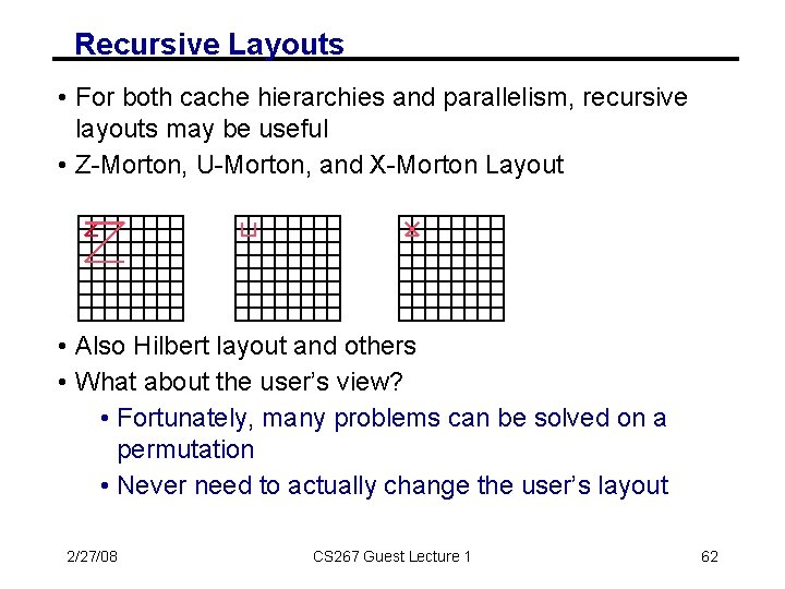 Recursive Layouts • For both cache hierarchies and parallelism, recursive layouts may be useful