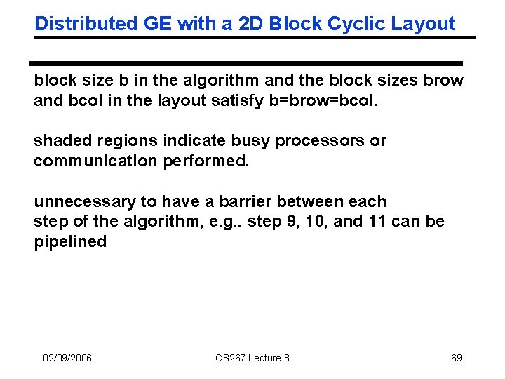 Distributed GE with a 2 D Block Cyclic Layout block size b in the